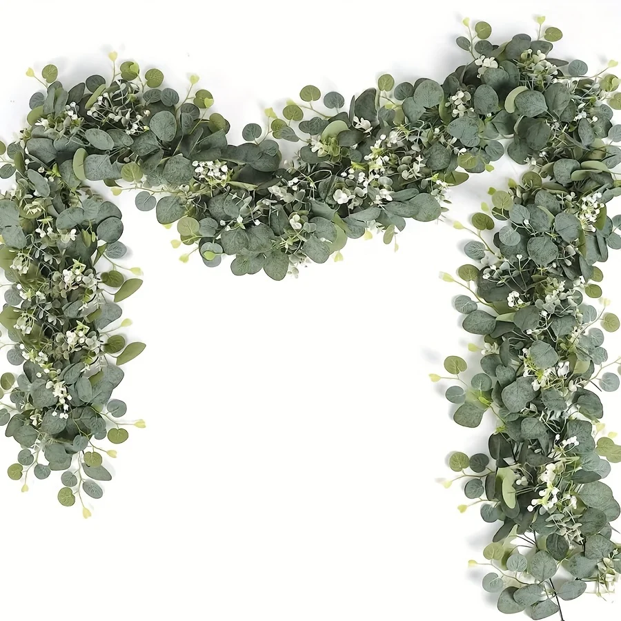 Eucalyptus Preserved - Üppige 70,8-Zoll-Kunst-Eukalyptus-Girlande mit weißen Blumen –